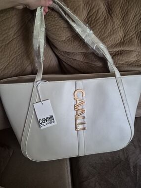 Cavalli Class Cream Tote Bag with Gold Logo